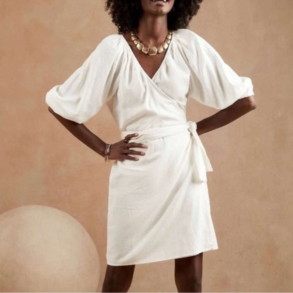 Banana Republic Cream Wrap Dress with Puff Sleeves